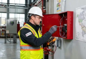 Um técnico verificando um equipamento de detecção de incêndio