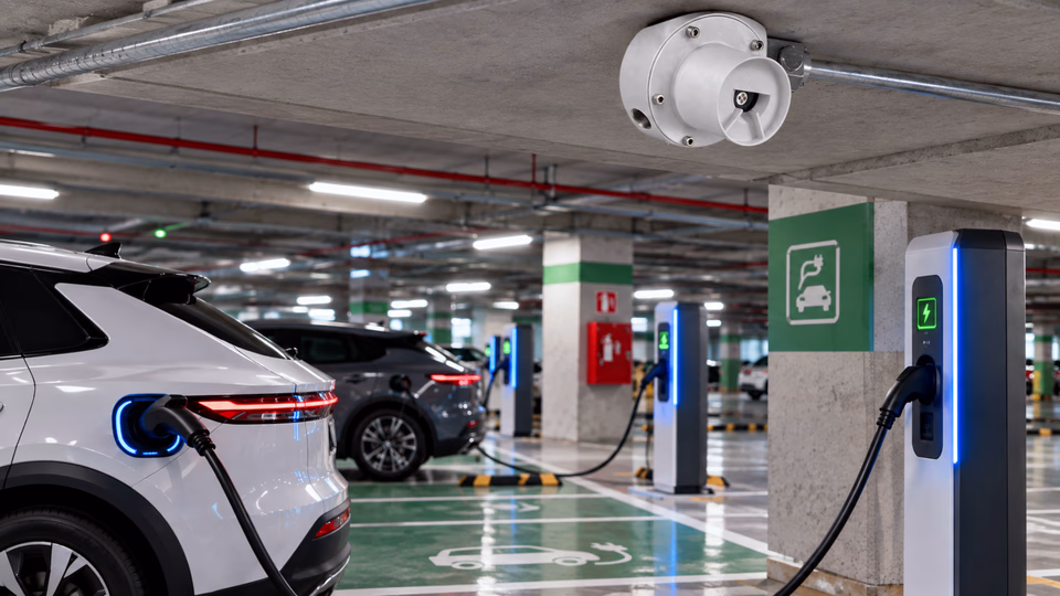 Sistema de detector de chamas para veículos elétricos em estacionamentos comerciais e condomínios.