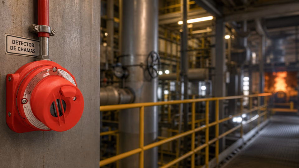Detector de chamas industrial instalado em tubulação de fábrica com área de risco ao fundo.