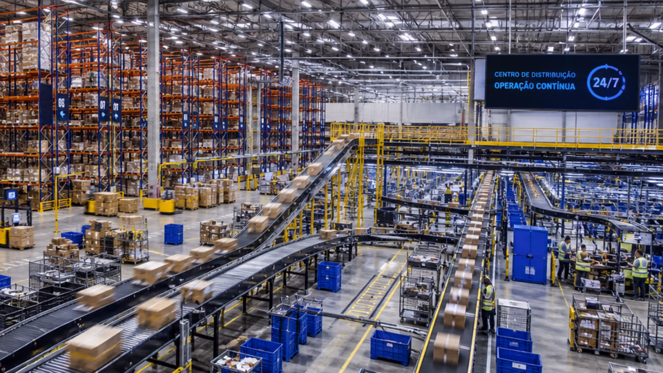Centro de distribuição logístico automatizado em operação contínua com esteiras e porta-paletes.